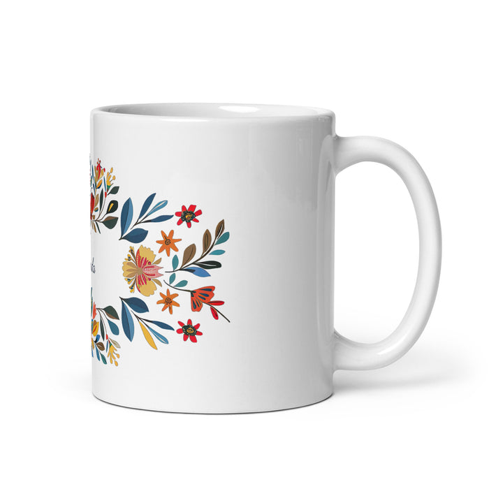 Tasse à café exclusive Amanda avec nom, pour la maison, le bureau, le travail, la fierté mexicaine et espagnole, cadeau unique en son genre, calligraphie, blanc brillant | A18