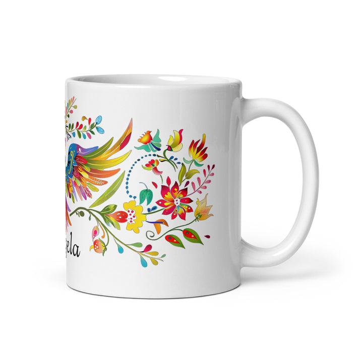 Taza de café exclusiva con nombre de Ángela, obra de arte para el hogar, la oficina, el trabajo, regalo de orgullo mexicano español, taza blanca brillante con caligrafía única en su tipo | Á12