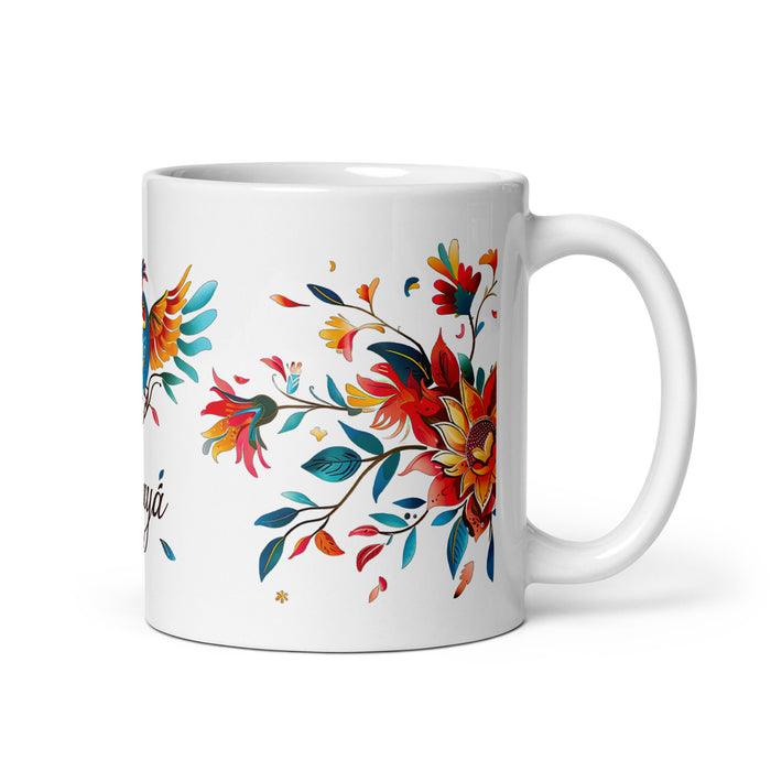 Tasse à café Amaya exclusive avec nom, tasse à café pour le travail à domicile, tasse cadeau de fierté espagnole mexicaine, tasse blanche brillante avec calligraphie unique en son genre | A24