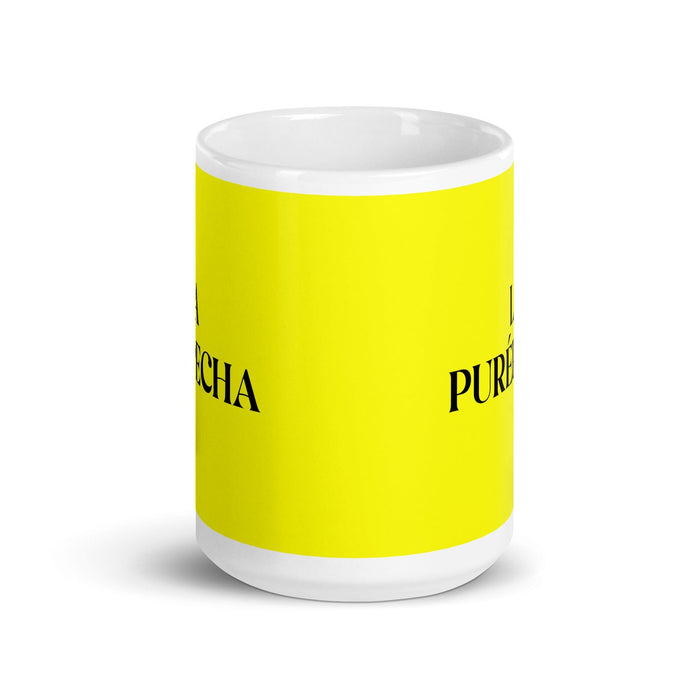 La Purépecha The Purépecha Lustige Kaffeetasse für Zuhause, Büro, Arbeit, mexikanisches spanisches Stolzgeschenk, weiße glänzende Tasse, gelbe Karte