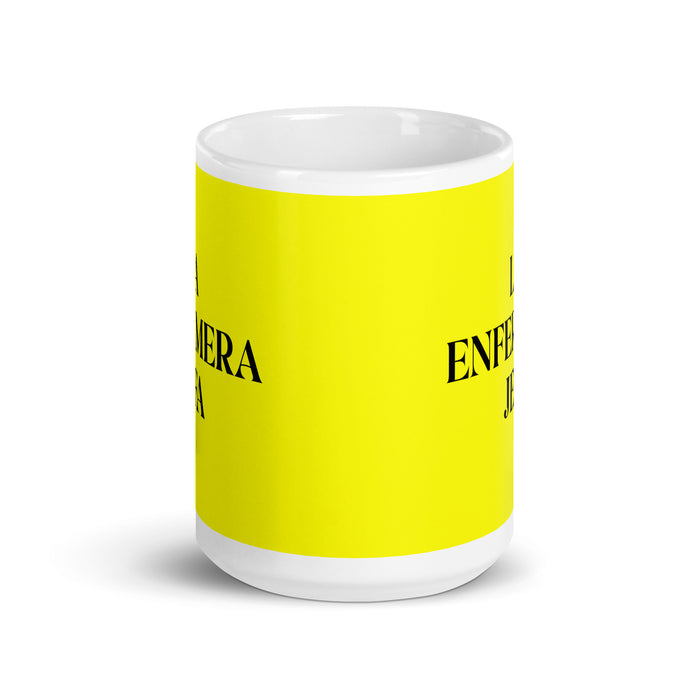 La Enfermera Jefa The Head Nurse Funny Home Office Work Coffee Mug Mexican Spanish Pride Gift White Glossy Cup Yellow Card Mug