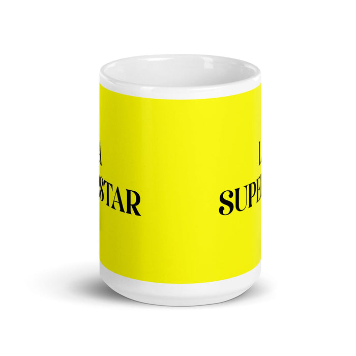 La Superstar, der Superstar, lustige Kaffeetasse für Zuhause, Büro, Arbeit, mexikanisches spanisches Pride-Geschenk, weiße glänzende Tasse, gelbe Karte