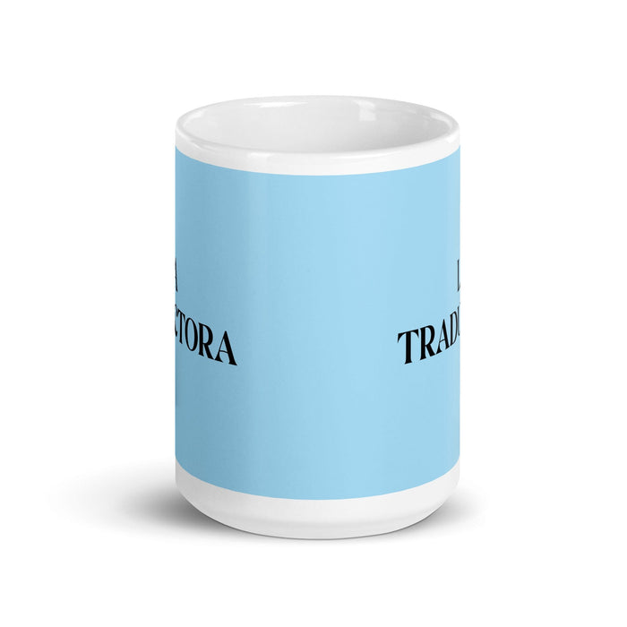 Lustige Kaffeetasse mit Aufschrift „La Traductora, die Übersetzerin“, für Zuhause, Büro, Arbeit, mexikanisches spanisches Pride-Geschenk, weiße, glänzende Tasse, himmelblaue Kartentasse