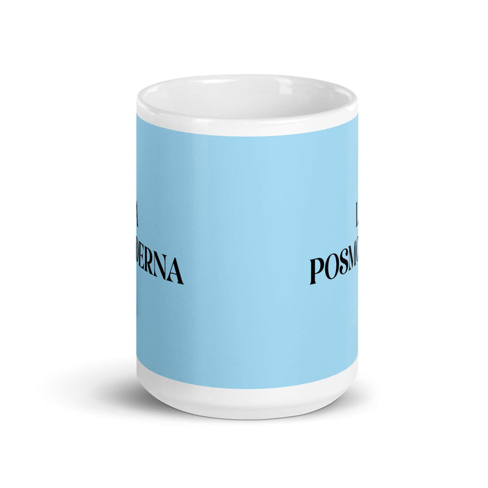 La Posmoderna, die Postmodernistin, lustige Kaffeetasse für Zuhause, Büro, Arbeit, mexikanisches spanisches Pride-Geschenk, weiße glänzende Tasse, himmelblaue Kartentasse