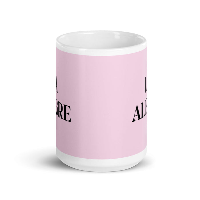 La Alegre, die Fröhliche, lustige Kaffeetasse für Zuhause, Büro, Arbeit, mexikanisches spanisches Pride-Geschenk, weiße glänzende Tasse, hellrosa Kartentasse