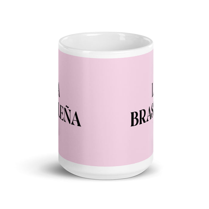 La Brasileña The Brazilian Funny Home Office Work Coffee Mug Mexican Spanish Pride Gift White Glossy Cup Light Pink Card Mug