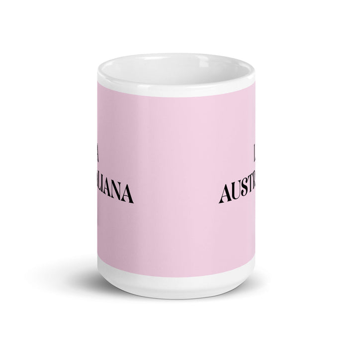 La Australiana, die australische lustige Kaffeetasse für Zuhause, Büro, Arbeit, mexikanisches spanisches Pride-Geschenk, weiße glänzende Tasse, hellrosa Kartentasse