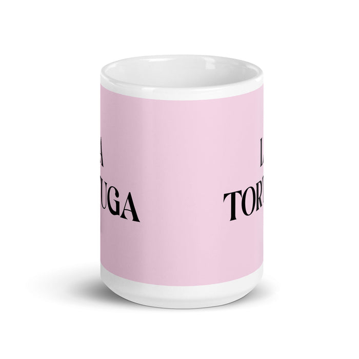 La Tortuga, die Schildkröte, lustige Kaffeetasse für Zuhause, Büro, Arbeit, mexikanisches spanisches Pride-Geschenk, weiße glänzende Tasse, hellrosa Kartentasse