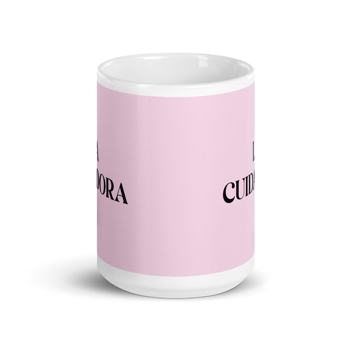 La Cuidadora The Caregiver Funny Home Office Work Coffee Mug Mexican Spanish Pride Gift White Glossy Cup Light Pink Card Mug