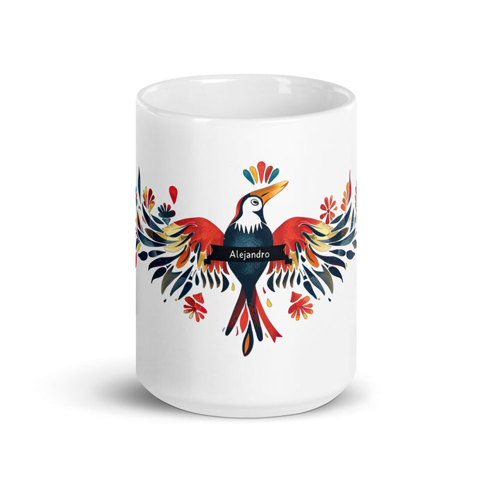 Taza de café exclusiva con nombre de Alejandro, obra de arte para el hogar, la oficina, el trabajo, regalo de orgullo mexicano español, taza blanca brillante con caligrafía única en su tipo | A10