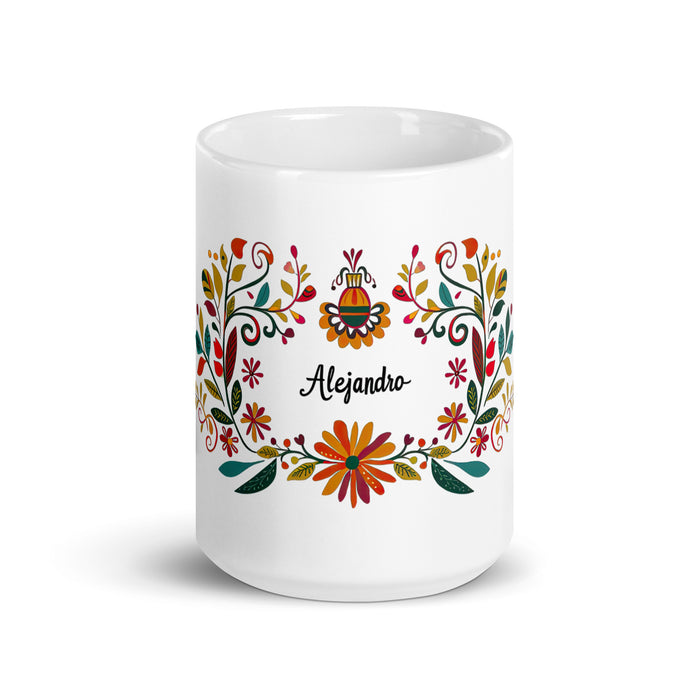 Tasse à café exclusive avec nom d'Alejandro, tasse à café pour le travail à domicile, la fierté mexicaine et espagnole, tasse à calligraphie unique, tasse blanche brillante | A12