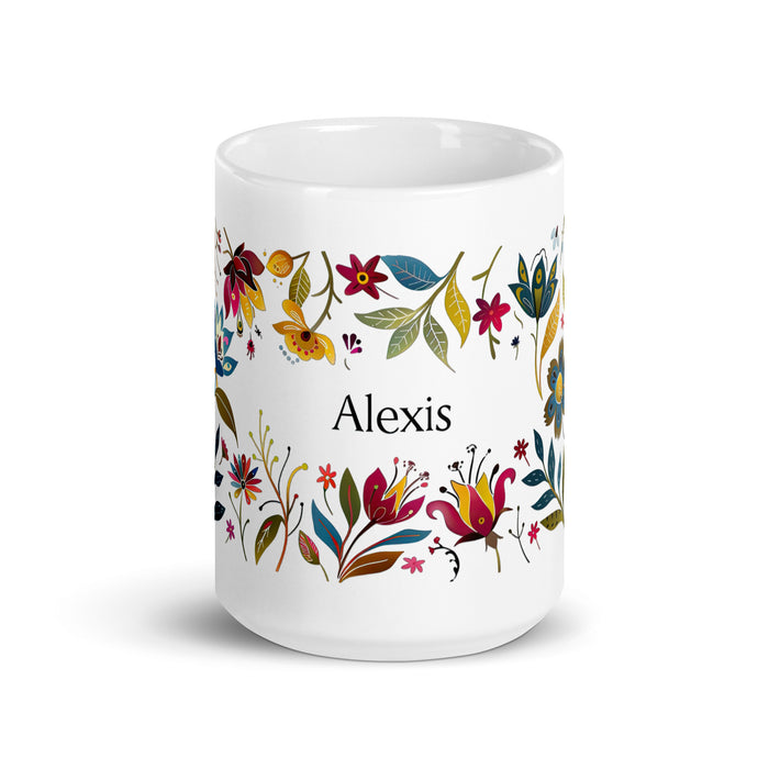 Tasse à café exclusive avec nom d'Alexis, tasse à café pour le travail à domicile, la fierté mexicaine et espagnole, tasse cadeau, calligraphie unique, tasse blanche brillante | A2