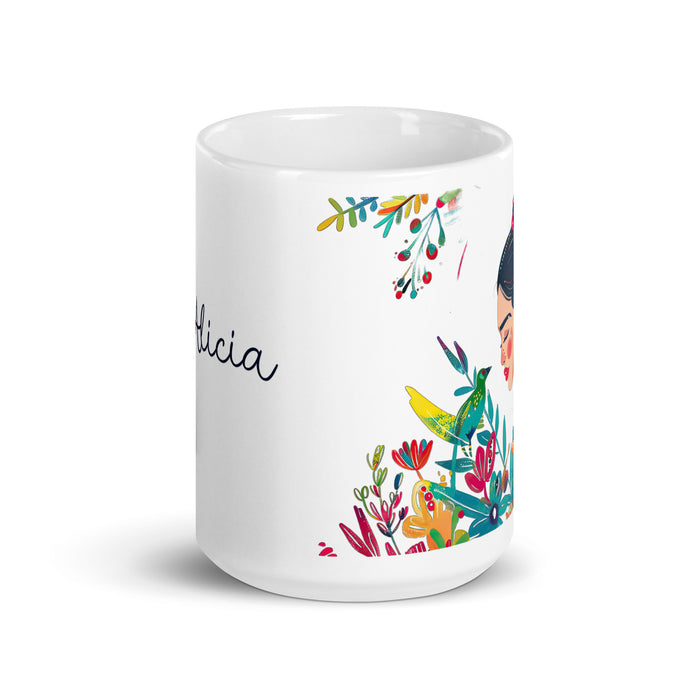 Taza de café exclusiva con nombre de Alicia, para el hogar, la oficina, el trabajo, regalo de orgullo mexicano y español, taza blanca brillante con caligrafía única en su tipo | A8