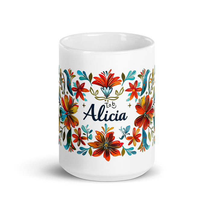 Alicia – Exklusives Namenskunstwerk, Kaffeetasse für Zuhause, Büro, Arbeit, mexikanischer und spanischer Stolz, Geschenktasse, einzigartige Kalligraphie, weiß glänzende Tasse | A12