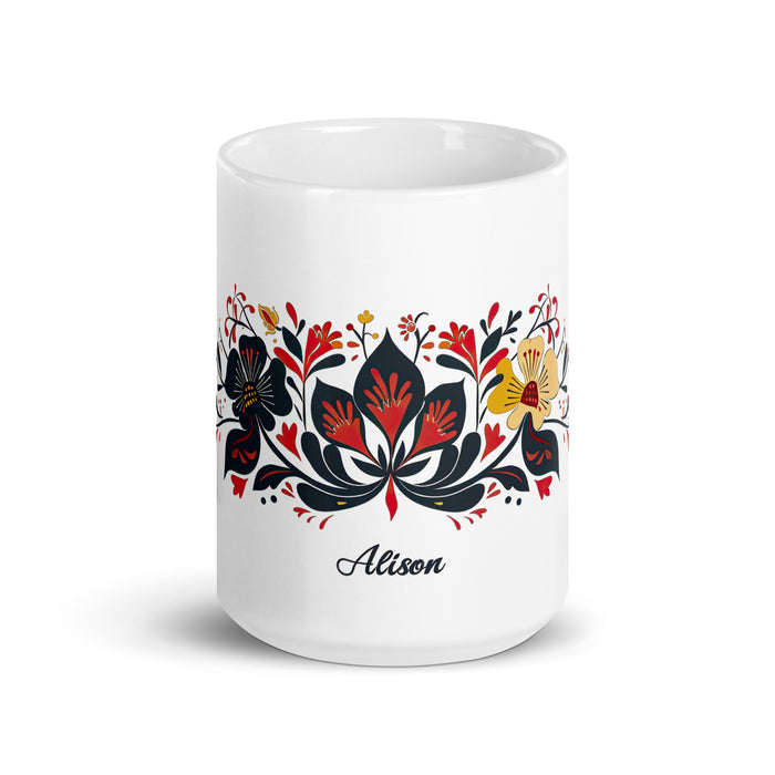 Alison Exclusive Name Art Piece Home Office Work Coffee Mug Mexican Spanish Pride Gift Cup One-Of-A-Kind Calligraphy White Glossy Mug | A23