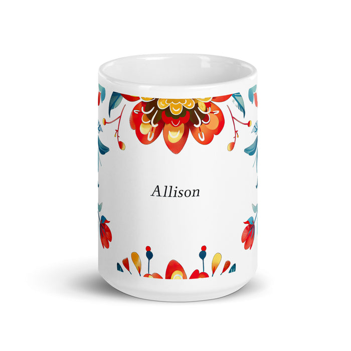 Allison Exklusives Namenskunstwerk für Zuhause, Büro, Arbeit, Kaffeetasse, mexikanischer und spanischer Stolz, Geschenktasse, einzigartige Kalligraphie, weiß glänzende Tasse | A10