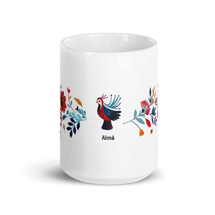 Alma Exklusives Namenskunstwerk, Kaffeetasse für Zuhause, Büro, Arbeit, mexikanischer und spanischer Stolz, Geschenktasse, einzigartige Kalligraphie, weiß glänzende Tasse | A18