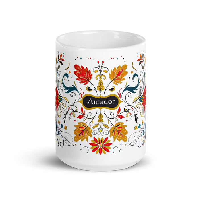 Amador Exklusives Namenskunstwerk, Kaffeetasse für Zuhause, Büro, Arbeit, mexikanischer und spanischer Stolz, Geschenktasse, einzigartige Kalligraphie, weiß glänzende Tasse | A15