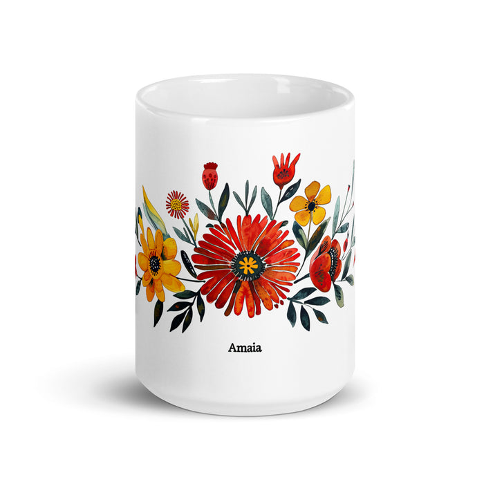 Taza de café exclusiva con nombre de Amaia, obra de arte para el hogar, la oficina, el trabajo, regalo de orgullo mexicano y español, taza blanca brillante con caligrafía única en su tipo | A3