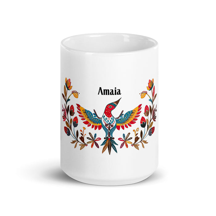 Taza de café exclusiva con nombre de Amaia, obra de arte para el hogar, la oficina, el trabajo, regalo de orgullo mexicano y español, taza blanca brillante con caligrafía única en su tipo | A4