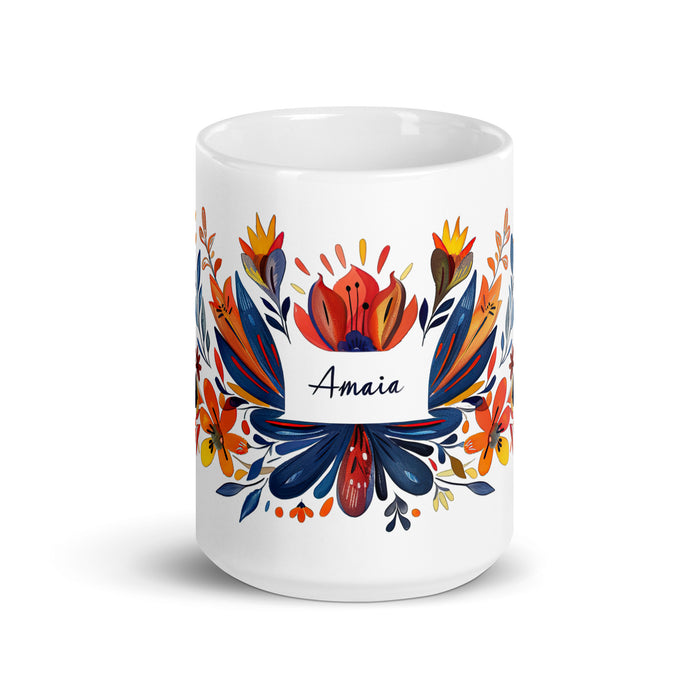 Taza de café exclusiva con nombre de Amaia, obra de arte para el hogar, la oficina, el trabajo, regalo de orgullo mexicano y español, taza blanca brillante con caligrafía única en su tipo | A11