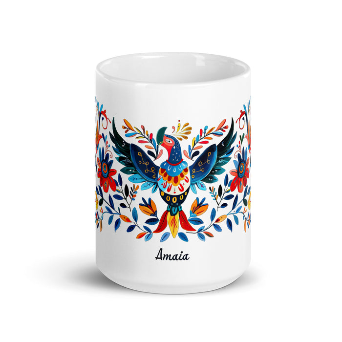 Amaia Exklusives Namenskunstwerk für Zuhause, Büro, Arbeit, Kaffeetasse, mexikanischer und spanischer Stolz, Geschenktasse, einzigartige Kalligraphie, weiß glänzende Tasse | A15