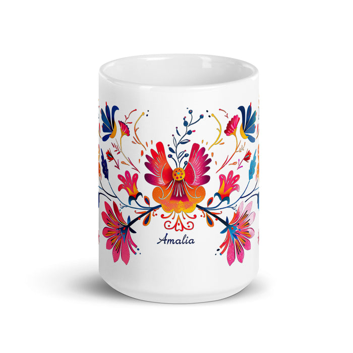 Taza de café exclusiva con nombre de Amalia, obra de arte para el hogar, la oficina, el trabajo, regalo de orgullo mexicano y español, taza blanca brillante con caligrafía única en su tipo | A11