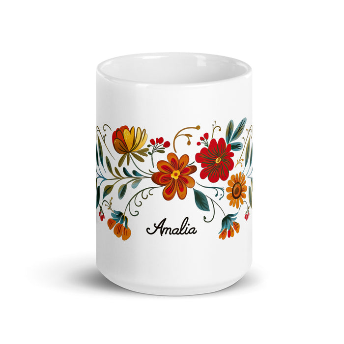 Tasse à café exclusive Amalia avec nom, pour la maison, le bureau, le travail, la fierté mexicaine et espagnole, cadeau unique en son genre, calligraphie, blanc brillant | A14