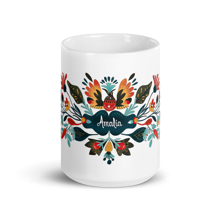 Taza de café exclusiva con nombre de Amalia, obra de arte para el hogar, la oficina, el trabajo, regalo de orgullo mexicano español, taza blanca brillante con caligrafía única en su tipo | A24