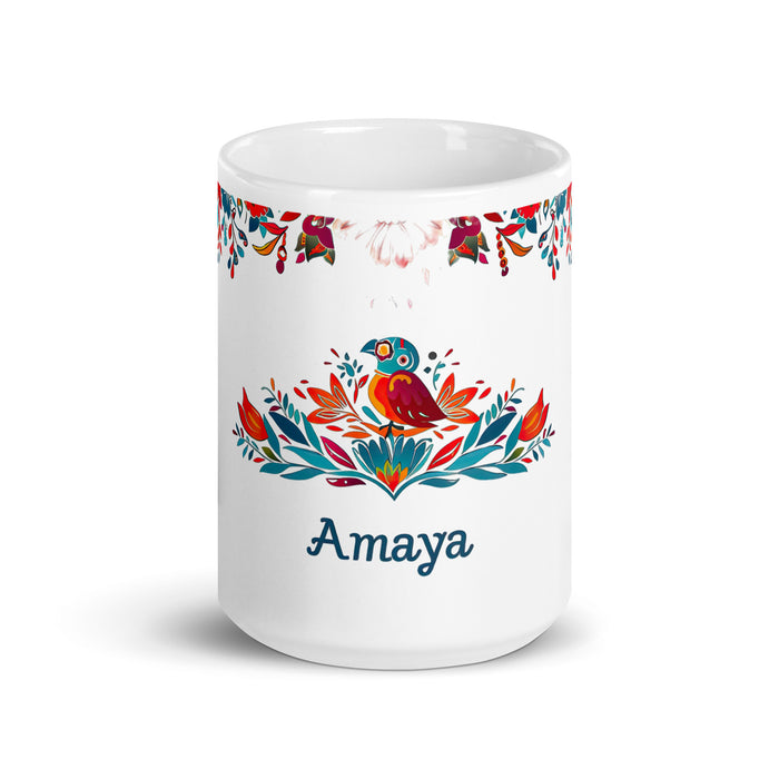 Amaya Exclusive Nome Arte Pezzo Casa Ufficio Lavoro Tazza da caffè Tazza regalo Orgoglio spagnolo messicano Tazza unica nel suo genere Calligrafia Tazza bianca lucida | A9