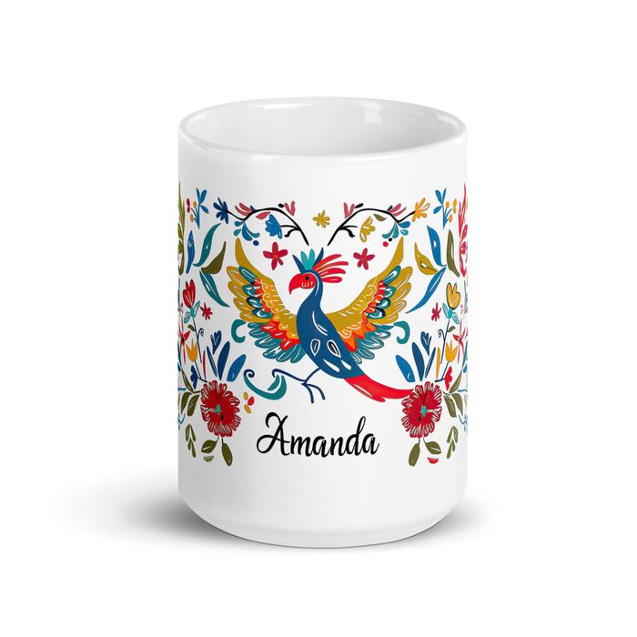 Tasse à café exclusive Amanda avec nom, pour la maison, le bureau, le travail, la fierté mexicaine et espagnole, cadeau unique en son genre, calligraphie, blanc brillant | A14