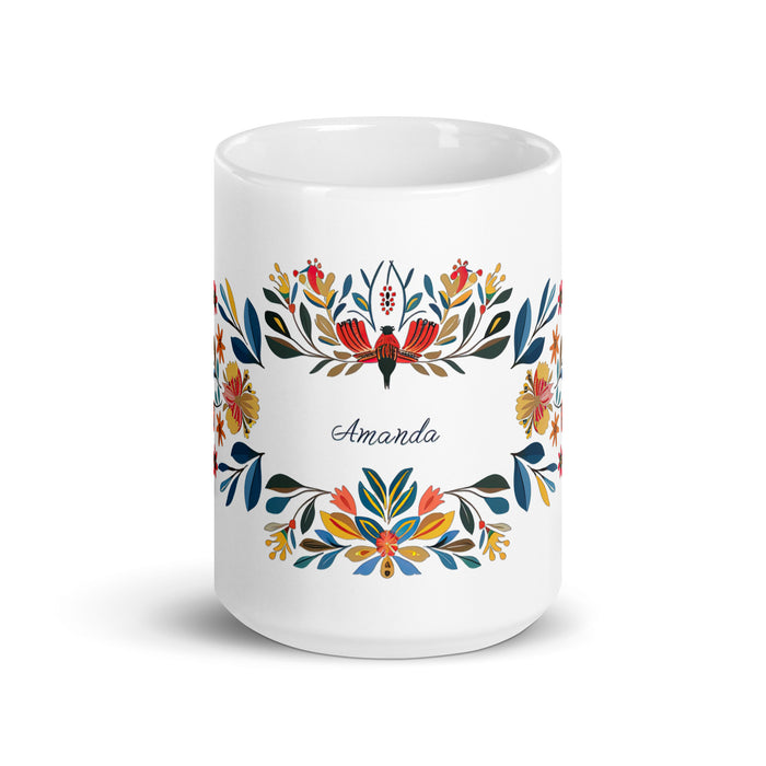 Tasse à café exclusive Amanda avec nom, pour la maison, le bureau, le travail, la fierté mexicaine et espagnole, cadeau unique en son genre, calligraphie, blanc brillant | A18