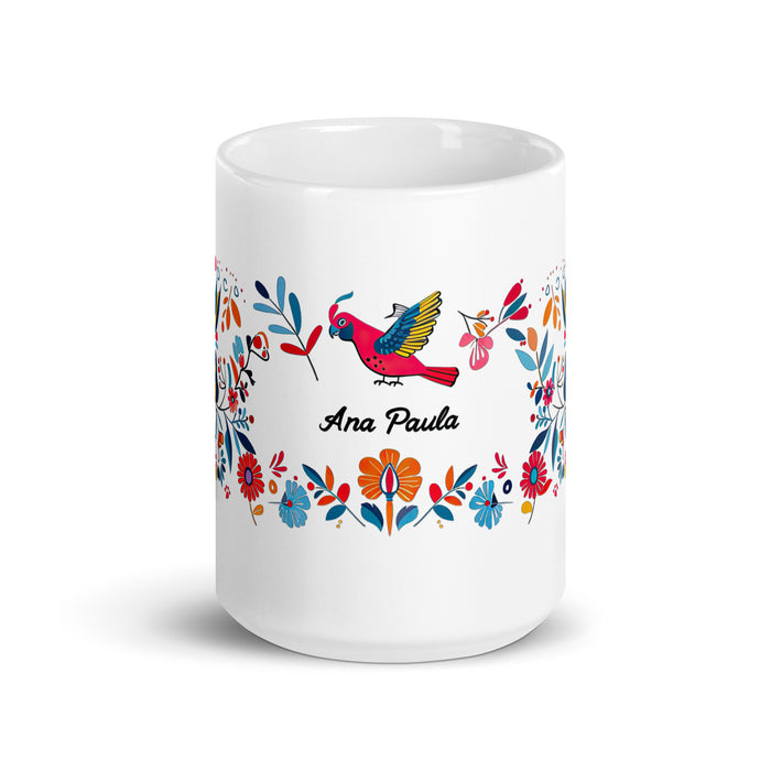 Tasse à café exclusive avec nom Ana Paula, tasse à café pour le travail à domicile, la fierté espagnole mexicaine, tasse cadeau, calligraphie unique, tasse blanche brillante | A34