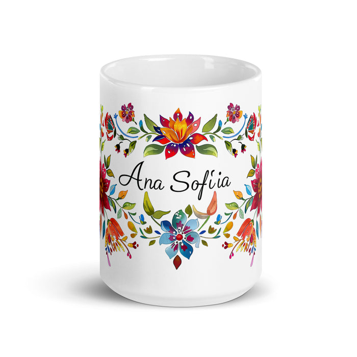 Tasse à café exclusive avec nom Ana Sofía, tasse à café pour le travail à domicile, la fierté espagnole mexicaine, tasse cadeau, calligraphie unique, tasse blanche brillante | A1