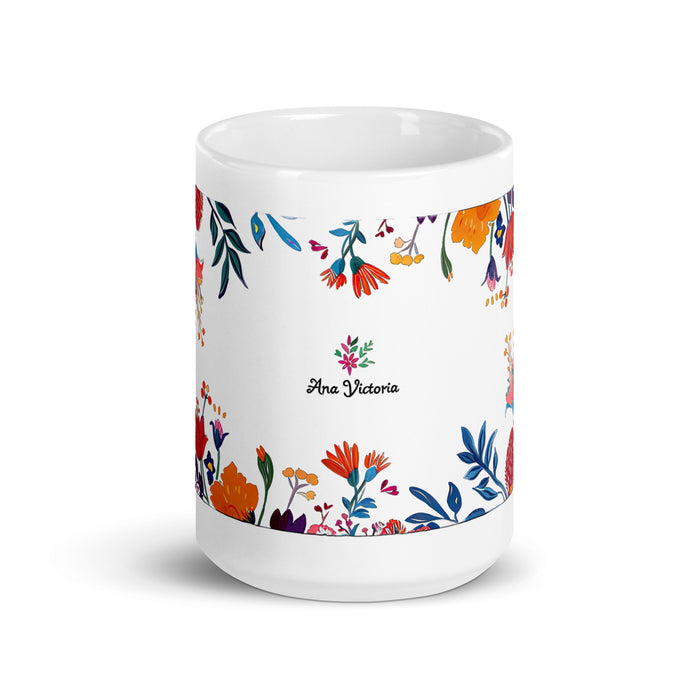 Tasse à café exclusive Ana Victoria avec nom, pour la maison, le bureau, le travail, la fierté mexicaine et espagnole, cadeau unique en son genre, calligraphie, blanc brillant | A14