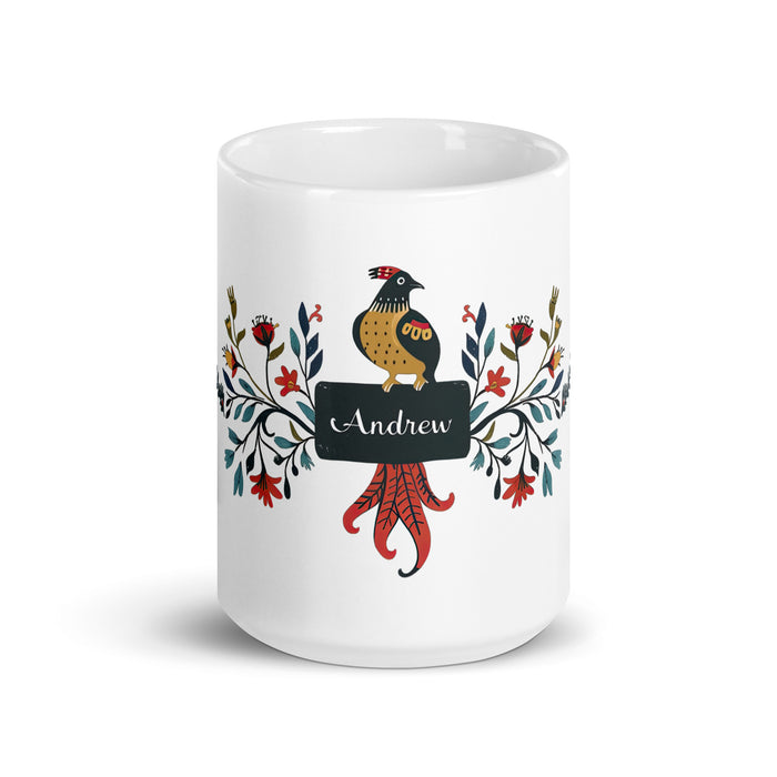 Taza de café exclusiva con nombre de Andrew, obra de arte para el hogar, la oficina, el trabajo, regalo de orgullo mexicano y español, taza blanca brillante con caligrafía única en su tipo | A2