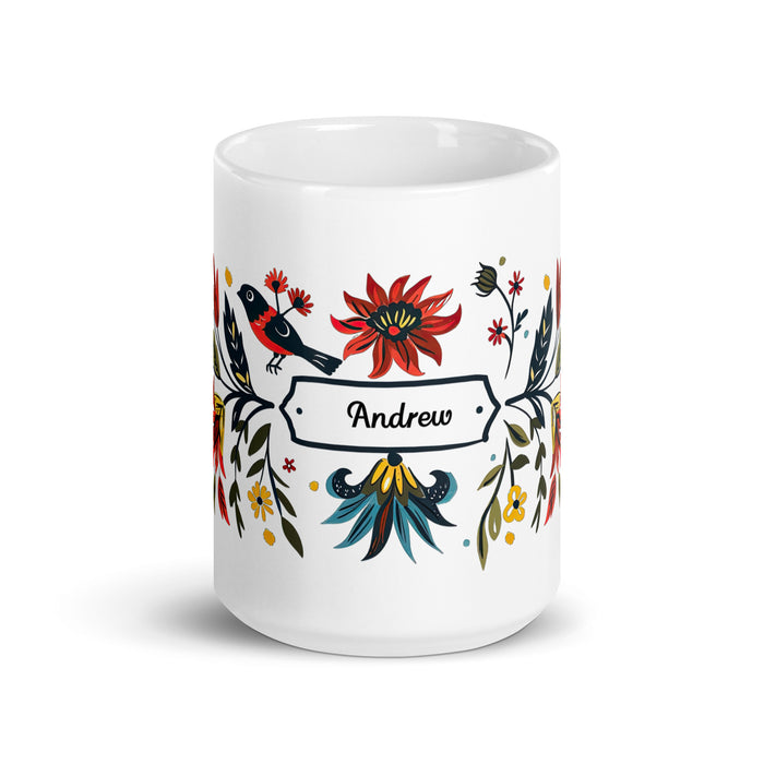 Tasse à café exclusive avec nom d'Andrew, tasse à café pour le travail à domicile, la fierté mexicaine et espagnole, tasse cadeau, calligraphie unique, tasse blanche brillante | A5