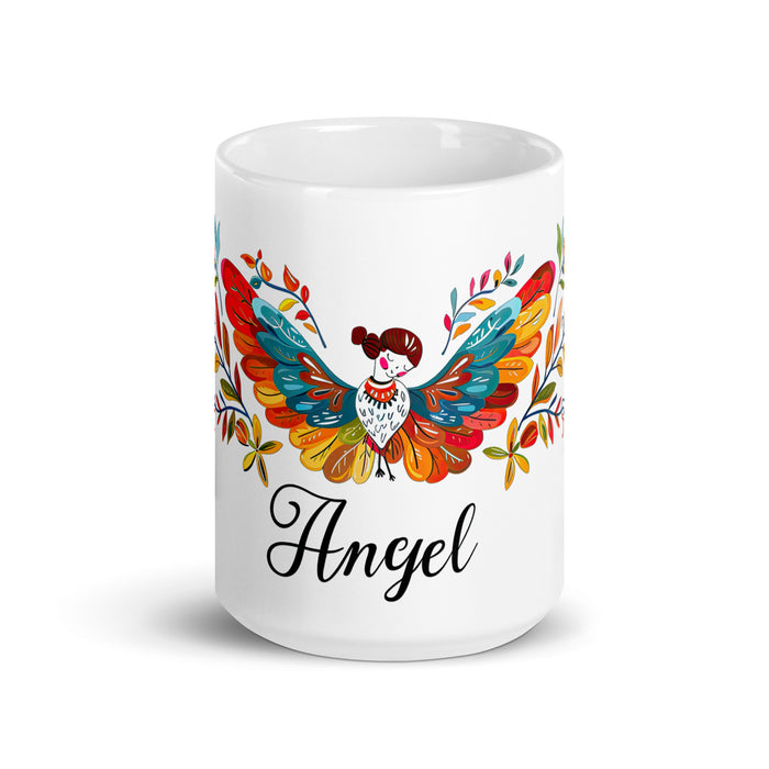 Angel Exklusives Namenskunstwerk Kaffeetasse für Zuhause, Büro, Arbeit, mexikanischer und spanischer Stolz, Geschenktasse, einzigartige Kalligraphie, weiß glänzende Tasse | A8