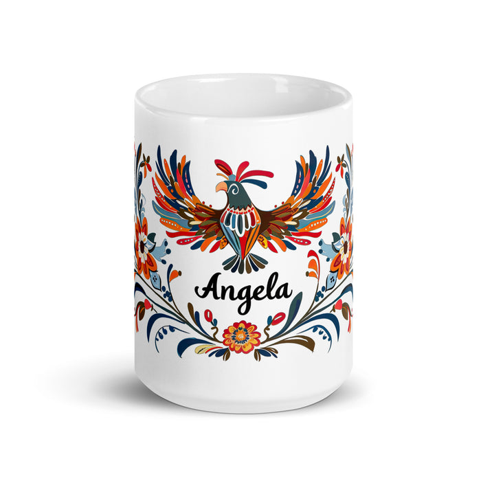 Tasse à café exclusive avec nom d'Ángela, tasse à café pour le travail à domicile, la fierté espagnole mexicaine, tasse cadeau, calligraphie unique, tasse blanche brillante | Á1