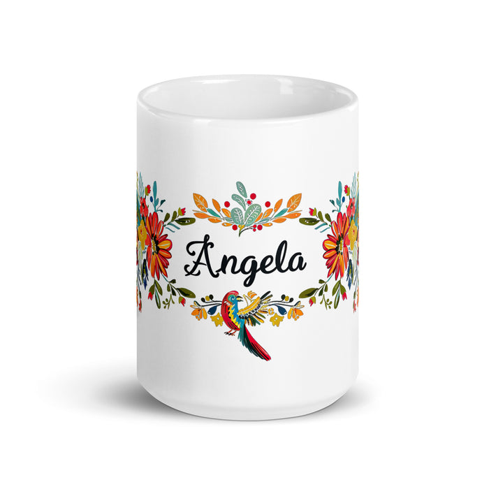 Ángela Exklusives Namenskunstwerk, Kaffeetasse für Zuhause, Büro, Arbeit, mexikanischer und spanischer Stolz, Geschenktasse, einzigartige Kalligraphie, weiß glänzende Tasse | Á3