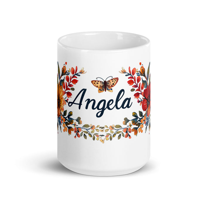 Tasse à café exclusive avec nom d'Ángela, tasse à café pour le travail à domicile, la fierté espagnole mexicaine, tasse cadeau, calligraphie unique, tasse blanche brillante | Á5