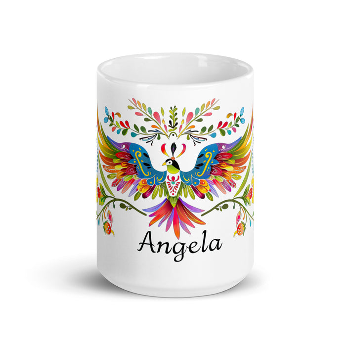 Taza de café exclusiva con nombre de Ángela, obra de arte para el hogar, la oficina, el trabajo, regalo de orgullo mexicano español, taza blanca brillante con caligrafía única en su tipo | Á12