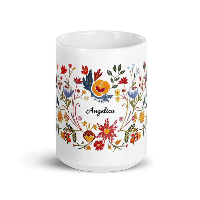 Taza de café exclusiva con nombre de Angélica, para el hogar, la oficina, el trabajo, regalo de orgullo mexicano y español, taza blanca brillante con caligrafía única en su tipo | A2