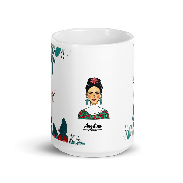 Taza de café exclusiva con nombre de Angelina, obra de arte para el hogar, la oficina, el trabajo, regalo de orgullo mexicano y español, taza blanca brillante con caligrafía única en su tipo | A2