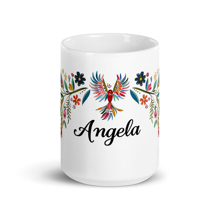 Ángela Exklusives Namenskunstwerk, Kaffeetasse für Zuhause, Büro, Arbeit, mexikanischer und spanischer Stolz, Geschenktasse, einzigartige Kalligraphie, weiß glänzende Tasse | Á35