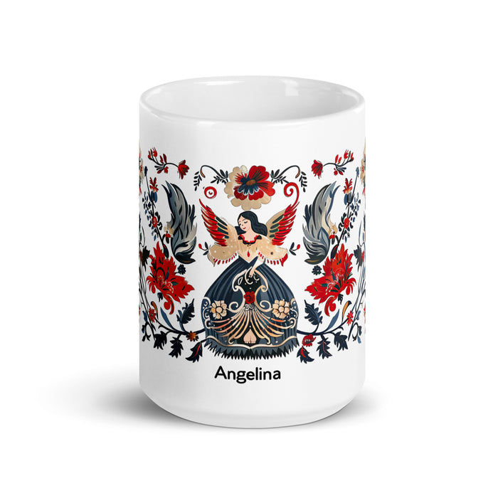 Angelina – Exklusives Namenskunstwerk, Kaffeetasse für Zuhause, Büro, Arbeit, mexikanischer und spanischer Stolz, Geschenktasse, einzigartige Kalligraphie, weiß glänzende Tasse | A11