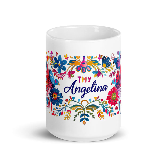 Angelina – Exklusives Namenskunstwerk, Kaffeetasse für Zuhause, Büro, Arbeit, mexikanischer und spanischer Stolz, Geschenktasse, einzigartige Kalligraphie, weiß glänzende Tasse | A14