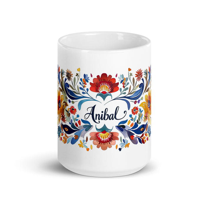 Tasse à café exclusive avec nom Aníbal, tasse à café pour le travail à domicile, la fierté espagnole mexicaine, tasse cadeau, calligraphie unique, tasse blanche brillante | A11