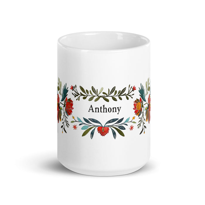 Taza de café exclusiva con nombre de Anthony, obra de arte para el hogar, la oficina, el trabajo, regalo de orgullo mexicano y español, taza blanca brillante con caligrafía única en su tipo | A7