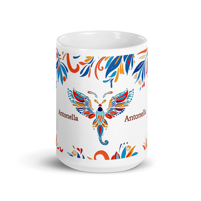 Antonella – Exklusives Namenskunstwerk, Kaffeetasse für Zuhause, Büro, Arbeit, mexikanischer und spanischer Stolz, Geschenktasse, einzigartige Kalligraphie, weiß glänzend, A1